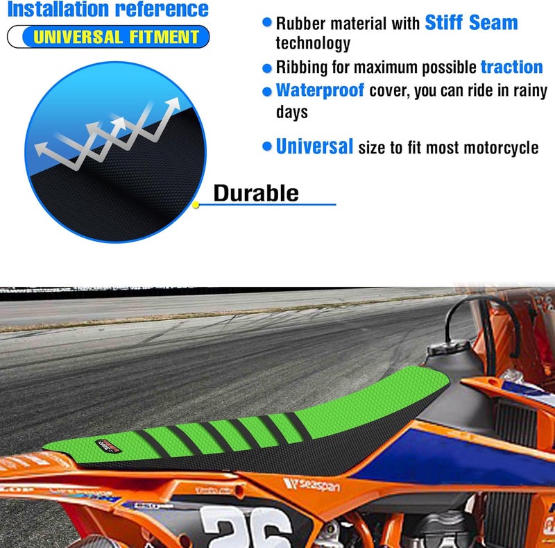 MCHMFG Universal Ribbed Dirt Bike Seat Cover - Gripper Soft Seat Cover for Most Dirt Pit Bike Motorcycle Black-Green - Image 5